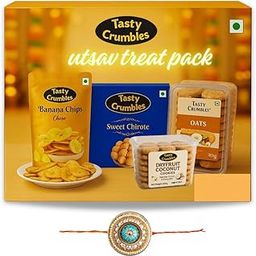 Tasty Crumbles Rakhi Snack Gift Box for brother, Utsav Treats Pack | 800g | Cheese Banana Chips, Oats & Dryfruits Cookies, Sweet Chirote, Rakhi, and Gift Card | Raksha Bandhan Gift for brother-image-56