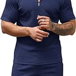 vogaan Men's Polo Shirt and Shorts Set | Summer Fashion Short Sleeve Solid Zipper 2 Pieces Outfits for Men-picture-0