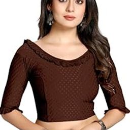 Dobby Cotton Lycra Round Neck with Flared Stretchable Saree Blouse and Flared Elbow Legnth Sleeves Stylish Readymade Crop Top Choli for Girls & Women-picture-17
