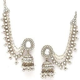Earrings for Women Girls Stylish Latest Fancy Traditional Jhumka Jhumki Bahubali Kundan Pearl Ear Chain (16519er)-50