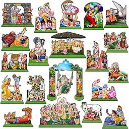 Pink n Purple Krishna MDF Cutout Set for Janmashtami Decoration - Kaliya Naag Mardan, Putna Vadh, Cheer Haran, Makhan Chori, Kans Vadh, Goverdhan, Maharaas (Set of 20 Pieces)-image-13