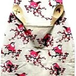 JYOTEX Kitchen Apron with Pink Birds and Cherry Blossoms Print, White Cotton (D)-image-64