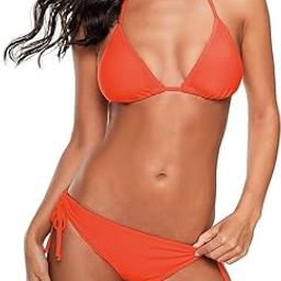 FIRST ATTIRE Women's Cotton String Two Piece Halter Top Triangle Bikini Set with Tie Side Bottom Sexy Swimsuit-picture-10