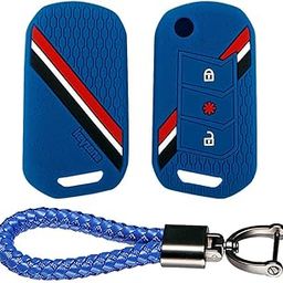 Keyzone Striped Silicone Key Cover and Keychain Compatible for Mahindra Thar Roxx, Xuv3xO, Scorpio-N, Xuv700, Thar,Xuv400, Xuv300, Bolero NEO, Marazzo, 3 Button Flip (Blue with Blue LT Keyring)-image-3