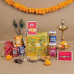 Gladful 9-in-1 Rakhi Celebration Box – Millet Mix, Namkeen, Date Nut Squares, Handmade Rakhi, Greeting Card, Roli Chawal & Potli-image-69