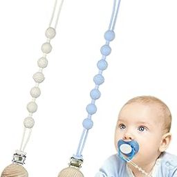 2PCS Pacifier Chain, Pacifier Holder Chain for Baby, White + Blue Wooden Clip Silicone Teether, Secure Attachment for Newborns & Toddlers, Convenient for Home & Outdoor Use-16