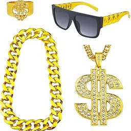 4 Pack 80s 90s Hip Hop Costumes Outfit, Fake Gold Chain Money Chain, Twist Leg Punk Sunglasses, Dollar Sign Finger Ring for Men Women Rapper Accessories-image-15