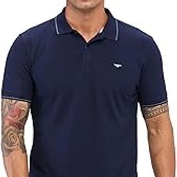 Men's Slim Fit Solid Pattern Cotton Polyester Blend Rib Collar with Tipping Half Sleeve Polo Casual T-Shirt (Size: 46)-PCKB01384-B8 Dark Blue-image-72