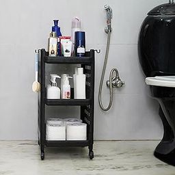 LEOPAX Plastic 3 Shelf Free Standing Bathroom Storage Cabinet, Over The Toilet Cabinet For Skinny Bathroom Storage Corner Floor Standing Shelf Bathroom Cabinet - Black (28 X 33 X 56Cm)-17