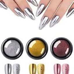 RUBYFACE 3 Colors Chrome Nail Powder Set, Glitter Metallic Mirror Effect for Nails Art Design 3D Holographic Silver Rose Gold Pigment Powder-image-3
