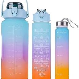 Silicone Set of 3, 2 Liter, 900ml, 300ml BPA-Free Motivational Sipper Water Bottle for Adults with Time Marker & Mobile Holder | Ideal for Online Classes, Office | Pack of 3 Combo (Multi Shades Color)-0