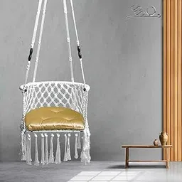 Patiofy Premium C Shape Swing for Adults for Home/Swing for Balcony, Garden, Indoor/Swing for Kids/Hammock Hanging Swing Chair/includes Golden Cream D Shape Cushion & Hanging Kit/150Kg Capacity-White-picture-19