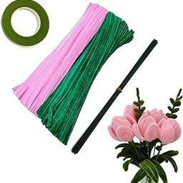 Just Flowers 200 pcs Pink Dark Green Pipe Cleaners Set with 25 Pc Floral Stem Wires & 1 Pc Green Floral Tape, Chenille Stems Pipecleaners for Flower Making, Kids DIY Craft Projects and Decorations-2