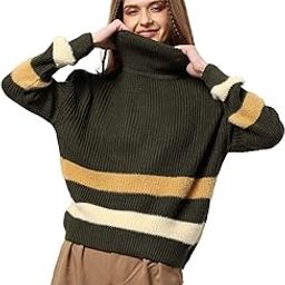 Women's Olive Striped Regular Fit Sweater for Winter Wear | Polo Neck Full Sleeve Woolen Casual Jacket Woman & Girl Western Stylish Women-image-30