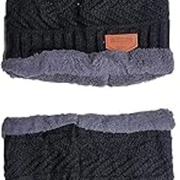 Warm Knitted Fur Lined Winter Beanie Cap Neck Scarf Set for Men and Women (Black)-image-95
