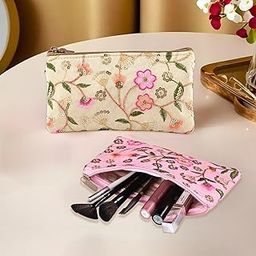 Kuber Industries 2 Pcs Traditional Hand Purse Ladies with Zip | Embroidery Wallet Purse For Women| Return Gift for Ladies | New Flower - Cream & Light Pink-20
