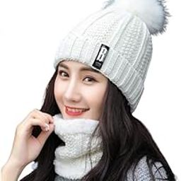 Womens Winter Knit Beanie Hat Scarf Set in 1 for Girl Slouchy Thick Fleece Lined Ski Hat Warm Skull Cap with Pom (Red, Freesize)-image-10
