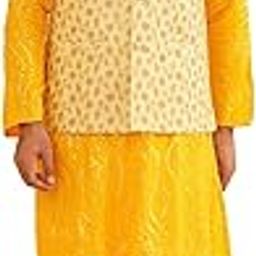 (Since 1958 Men's Pure Cotton Mustard Kurta and White Pyjama With Yellow Embroidery Nehru Jacket-image-77