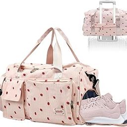 PALAY® Women Duffle Bag Gym Bag with Shoe Compartment Cute Pink Strawberry Prints Corduroy Travel Bag with Removable Shoulder Strap Multi-pocket Duffle Bag for Travel, Gym Session, Camping, 48x24x27cm-54