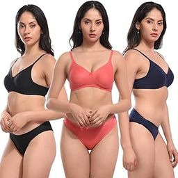 Cotton Non Padded Bra Panty Set Women Everyday Lingerie Set| Push up Bra Panty Set|Panty Bra Set for Women Pack of 3-image-73