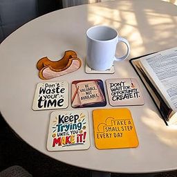 Woodiography Motivational Quotes Wooden Coasters with Holder, 85mm x 85mm, Set of 6 Suitable for Tea Cup Coffee Mug Drink Cup-81