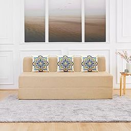 uberlyfe 3 Seater Sofa Cum Bed | Jute Fabric Washable Cover | 3 Cushions Blue Medallion Pattern | Beige | 6' X 6' Feet-image-58