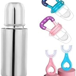 URbani Trading U Shaped Manual Toothbrush Brush, Fruit Juice Feeder and Steel Milk Bottle for Baby (Combo Pack of 5) (multicolor)-image-29