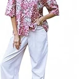 aravalii Women's Pink Flex Cotton Top – Printed Design, Banded Collar, Half Sleeves, Straight Hemline, Above Knee Length, Casual Wear-picture-0