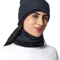 Snow Proof Inside Fur Acro Wool Unisex Beanie Cap with Neck Warmer Set Knit Hat Thick Fleece Lined Winter Cap for Men & Women-image-3