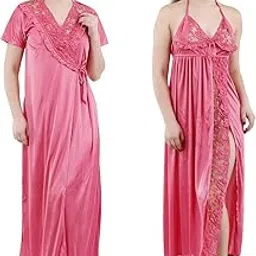 romaisa Women's Satin Solid Maxi Length Nighty with Robe (Size - Free Size) (Nightwear Set Pack of 2)-picture-4
