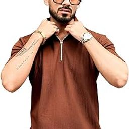 Mens Polo T-Shirts with Zipper Neck Texture Fabric Brown-image-11
