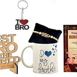 Pride Store Rakhi for Men Pack of 1 Rakhi with Printed Mug 330m1l & Wooden Showpiecs Best Broin The World, Metal Key Chain I Love Bro, Greeting Card (Rakhi for Brother Gift Set - L)-image-59