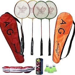AXG Classy Colored Thrasher Racquets Set of 4 with Plastic Shuttles and Net Badminton Kit (Multicolor)-0