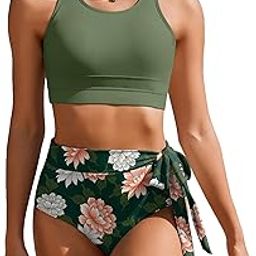 Womens High Waisted Bikini Set Tummy Control 2 Piece Bathing Suit Modest Racerback Swimsuit 2025 with Tie Side Knot-picture-52