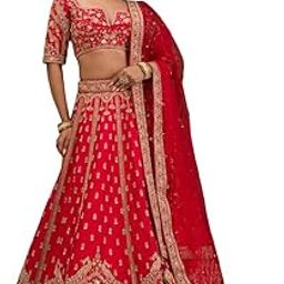 Traditional Bridal Lehenga Choli, Red with Gold Embroidery, 3-Piece Wedding Dress Set-image-58