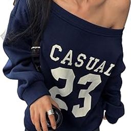Women's Off Shoulder Casual Sweatshirt, Navy Blue with White '33' Graphic Print-image-71