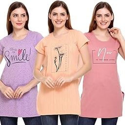 Women’S Cotton Long T-Shirts for Summer Wear - Loose Fit Combo Pack of 3, Ideal As Long T-Shirts for Women, Night Wear T-Shirts for Women, and Relaxed Fit Nightwear-image-63