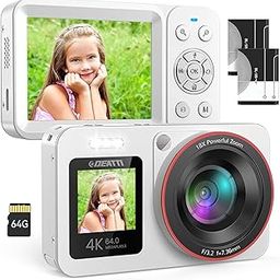 Deatti Digital Camera,FHD 4K Camera with Dual Screen 64GB SD Card 2 Batteries,Digital Point and Shoot Camera,18X Zoom,Anti Shake Portable Rechargeable Camera for Teens Boys Girls Kids,White-picture-27