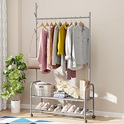 Lukzer MGR-002 2-Bottom Cloth Stand & Garment Rack – Metal Clothes Organizer with Wheels | Space-Saving Storage for Bedroom, Bathroom & Office | Single Rod & Mesh Design (173 x 90 x 34 cm/Grey)-5