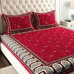 ColorKart Pure 100% Cotton Double Bed Sheet with 2 Pillow Covers (Bedsheet for Double Bed Cotton, Red Floral Jaipuri, King Size Summer Collection - 003-27