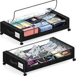 Under Bed Storage with Wheels, 2 Pack Under Bed Storage Containers with Dividers & Clear Lids, XXL 65L Under the bed storage Organizer Bins, Underbed Storage with Wheels for Clothes,Shoes,Toys - Black-image-96