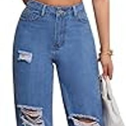 Women's High Rise Cotton Blend Distressed Straight Fit Trendy Ripped Denim Jeans-image-16