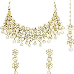 Kundan & Beads Studded Necklace Earrings Maangtikka Set Ethnic Jewellery for Women-image-49