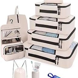 Set of 10 Packing Cubes with Luggage Tag and Toothbrush Holder, Travel Organiser Bags for Luggage, Suitcase Organizer for Travelling for Clothes, Shoe and Lingerie - Model 2.0 - Beige-49
