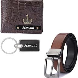 Personalized Leather Name Men's Wallet Keychain and Belt | Best Customised Gift Combo for Boyfriend Friend Husband Father & Son (Dark Brown)-3