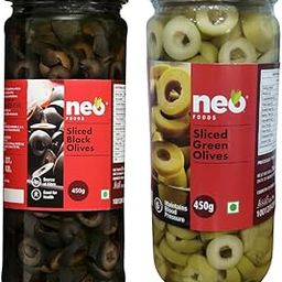 Neo Foods Sliced Black Olives 450g & Sliced Green Olives 450g Combo Pack I P2 l Low Fat Ready-to-Eat Healthy Snack, Source of Fibre l Enjoy as Topping for Pizza & Pasta (Sliced Black & SlicedGreen)-image-7