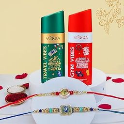VOKKA Rakhi Gift for Brother – 2 Unisex Deodorants 150ml Each Gym Vibes + Travel Vibes with 2 Rakhis | Divine Om & Nazariya Rakhi | Raksha Bandhan Combo Set for Bhaiya & Bhabhi-image-85
