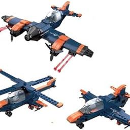 3-in-1 Building Block Military Aircraft Set, STEM Construction Toy with Fighter Jet, Helicopter and Plane, Educational Engineering Kit, Navy Blue and Orange-image-1