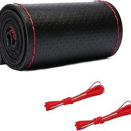 Augeny Genuine Leather Steering Wheel Cover, Breathable Anti-Slip Car Steering Wheel Protector Stitch on Wrap for Max Diameter 15 Inch, DIY Sewing with Needle Thread (Full Hole, Black & Red)-image-61