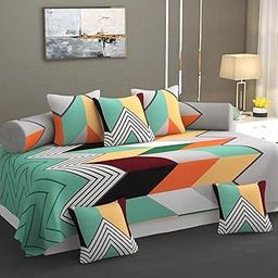 Premium Pure Soft Cotton Printed Diwan Set Covers 8 Pieces - 1 Single Bed Sheet (60 X 90) with 5 Cushion (16 X 16), 2 Bolster Covers (16 X 32) Multicolor-image-91